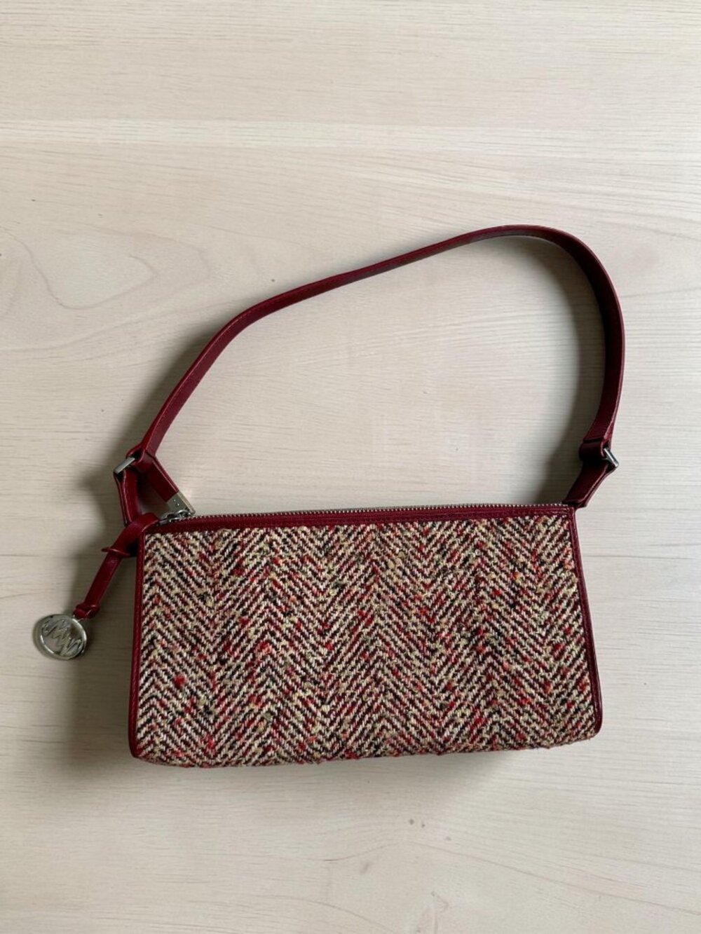 MONSAC Red Boucle Fabric Leather Shoulder Bag